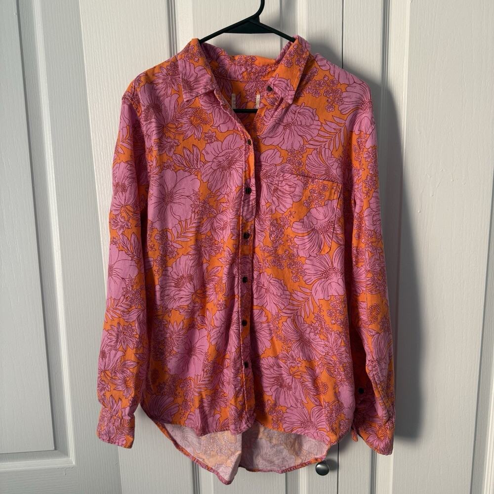 Universal Thread Floral Linen Blend Button Up Shirt Women L Relaxed Boho Cottage